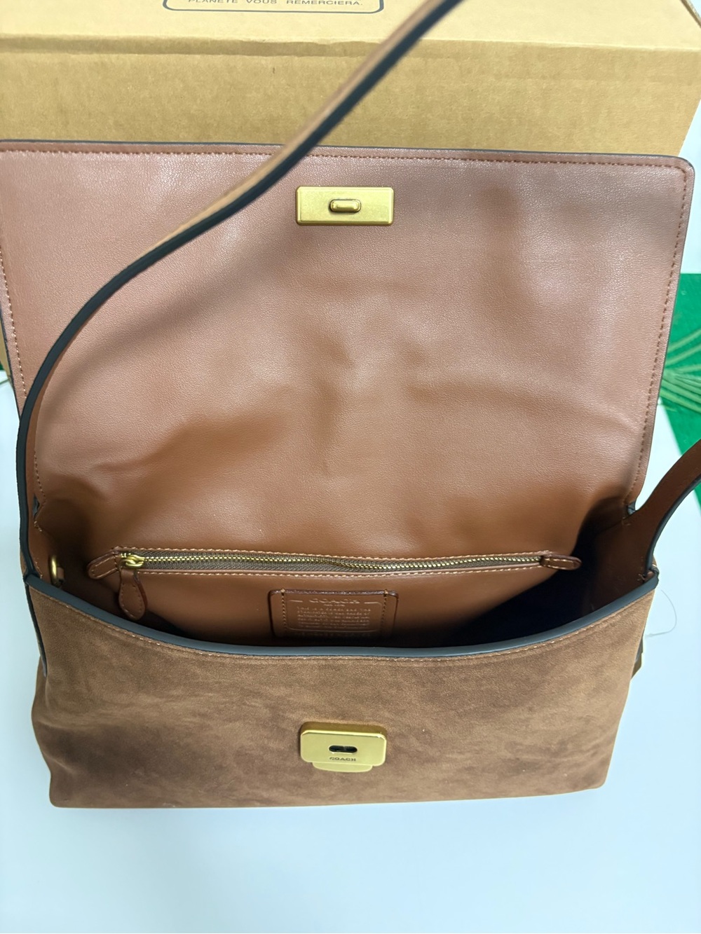 Coach Brown Suede Shoulder Bag with Gold Logo - Picture 7 of 7